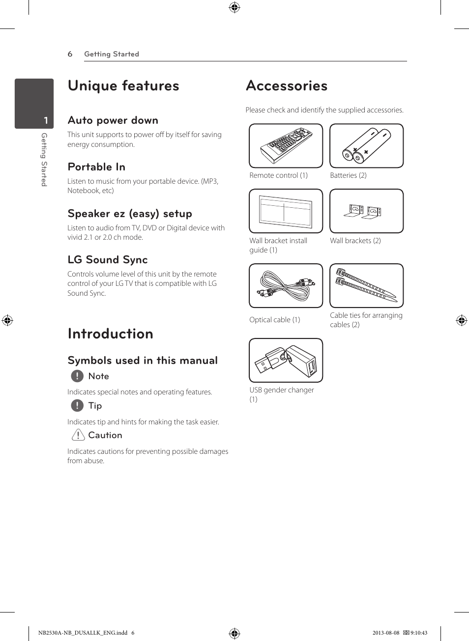Unique features, Introduction, Accessories | Auto power down, Portable in, Speaker ez (easy) setup, Lg sound sync, Symbols used in this manual | LG NB2530A User Manual | Page 6 / 24