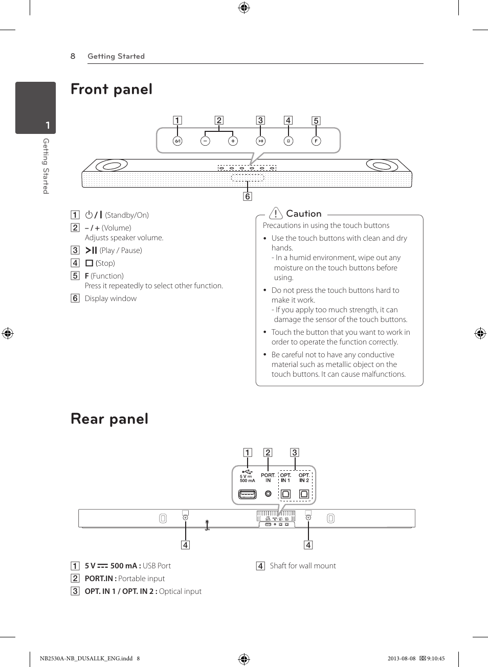Front panel rear panel | LG NB2530A User Manual | Page 8 / 24