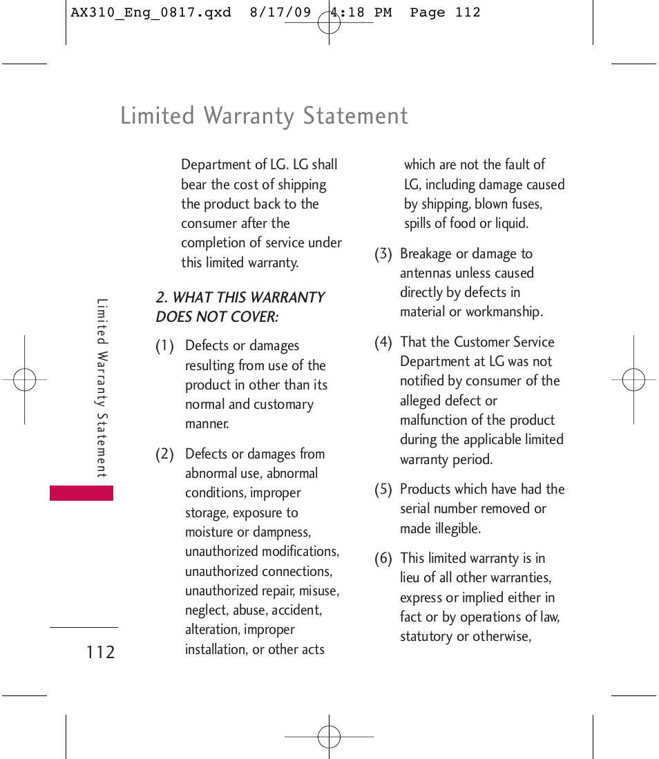 Limited warranty statement | LG LGAX310 User Manual | Page 112 / 117