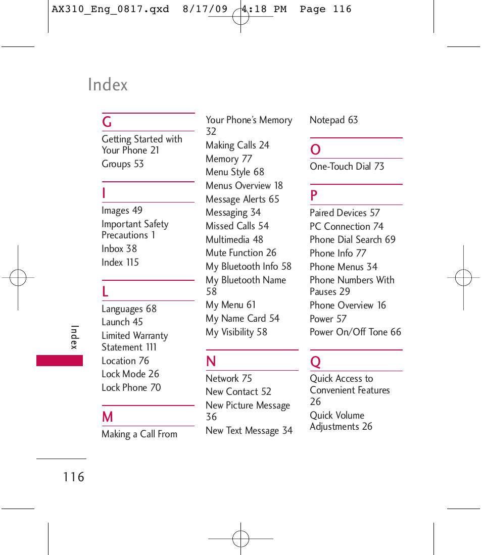 Index | LG LGAX310 User Manual | Page 116 / 117