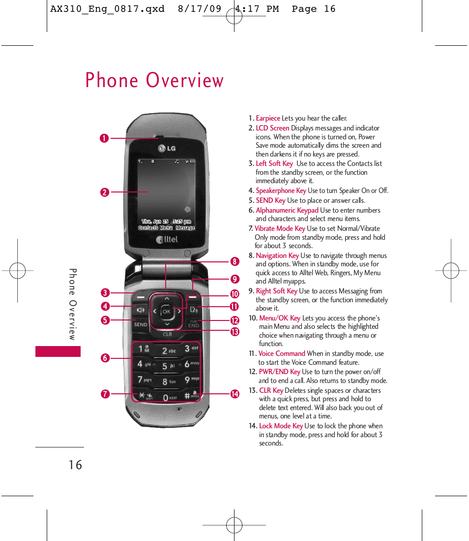 Phone overview, Phone ov ervie w | LG LGAX310 User Manual | Page 16 / 117