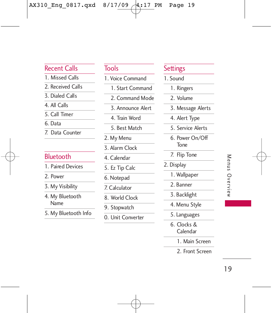 Recent calls, Bluetooth, Tools | Settings | LG LGAX310 User Manual | Page 19 / 117