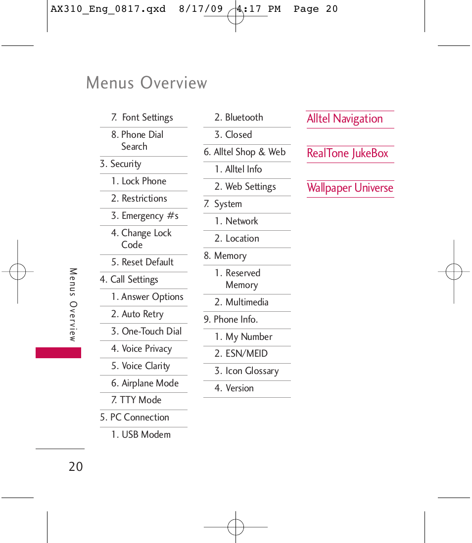 Menus overview | LG LGAX310 User Manual | Page 20 / 117