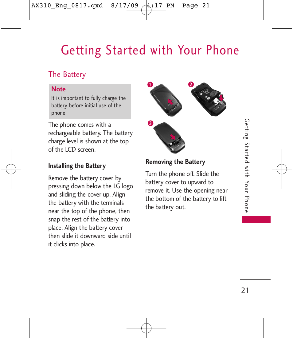 Getting started with your phone | LG LGAX310 User Manual | Page 21 / 117