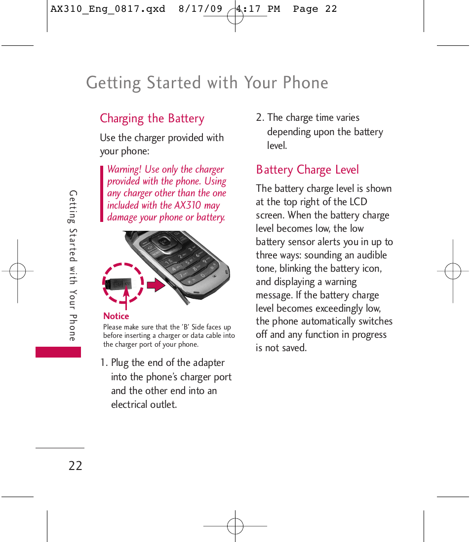 Getting started with your phone | LG LGAX310 User Manual | Page 22 / 117