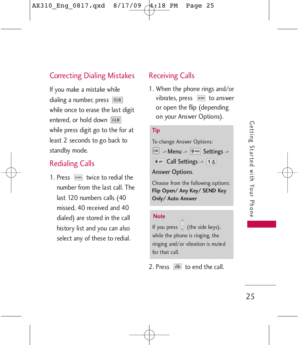 Correcting dialing mistakes, Redialing calls, Receiving calls | LG LGAX310 User Manual | Page 25 / 117