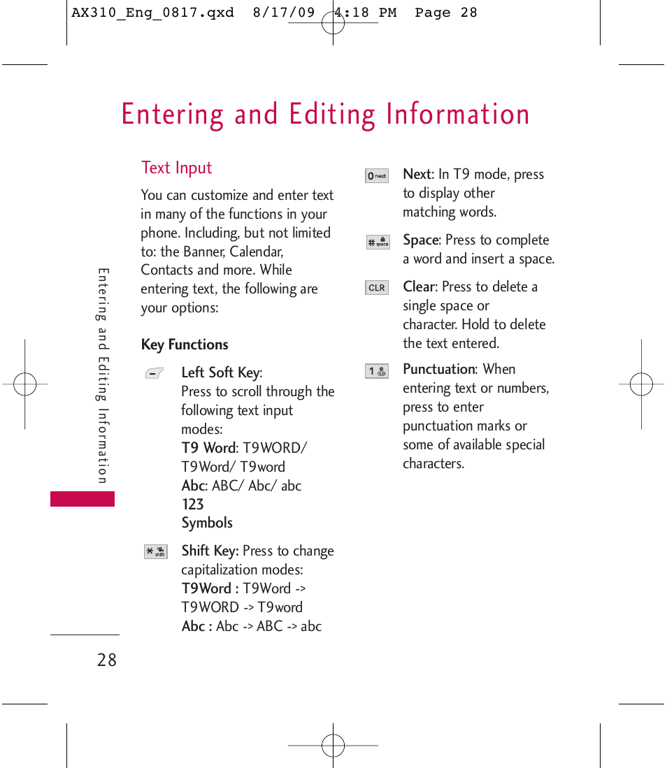 Entering and editing information | LG LGAX310 User Manual | Page 28 / 117