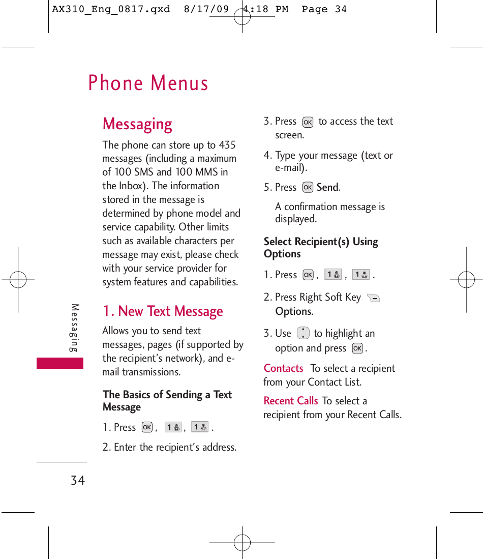 Phone menus, Messaging, New text message | LG LGAX310 User Manual | Page 34 / 117