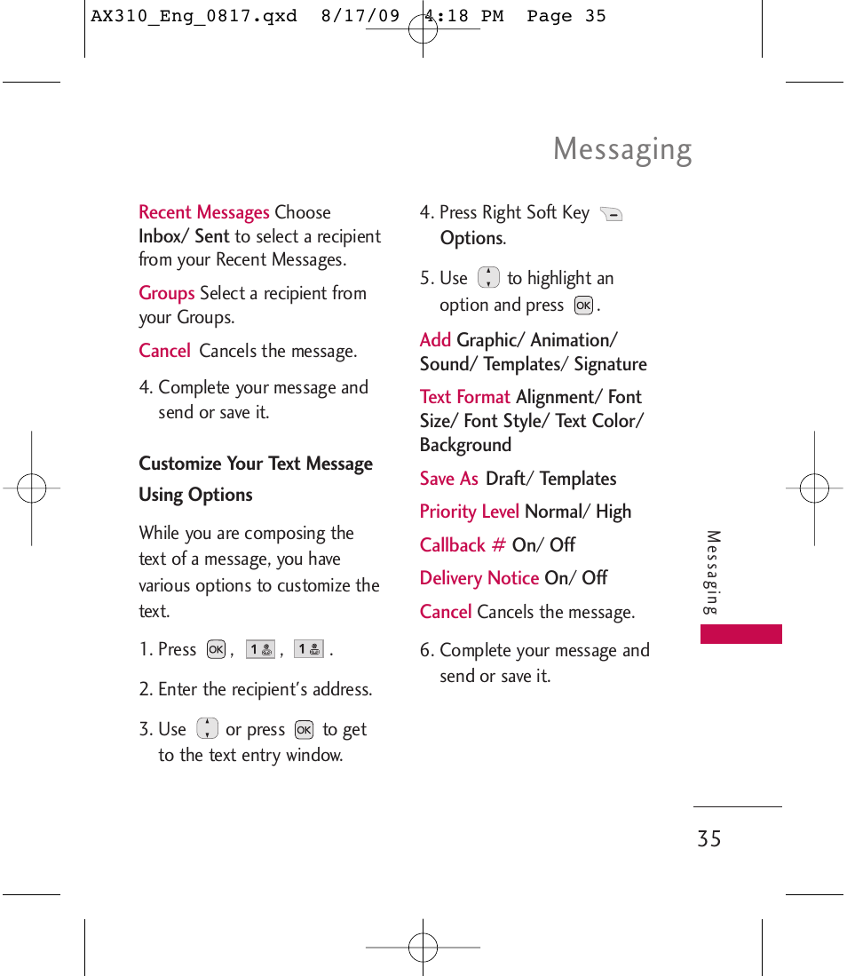 Messaging | LG LGAX310 User Manual | Page 35 / 117