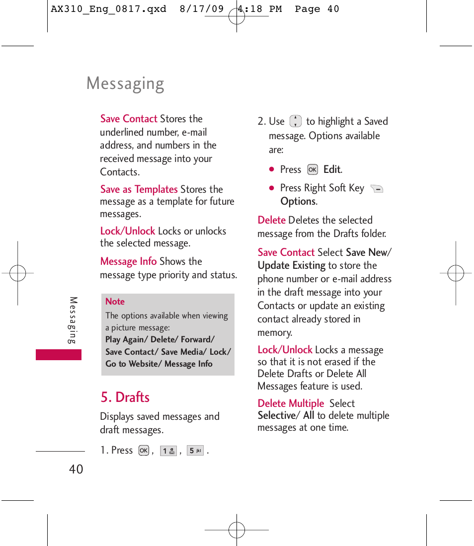 Messaging, Drafts | LG LGAX310 User Manual | Page 40 / 117