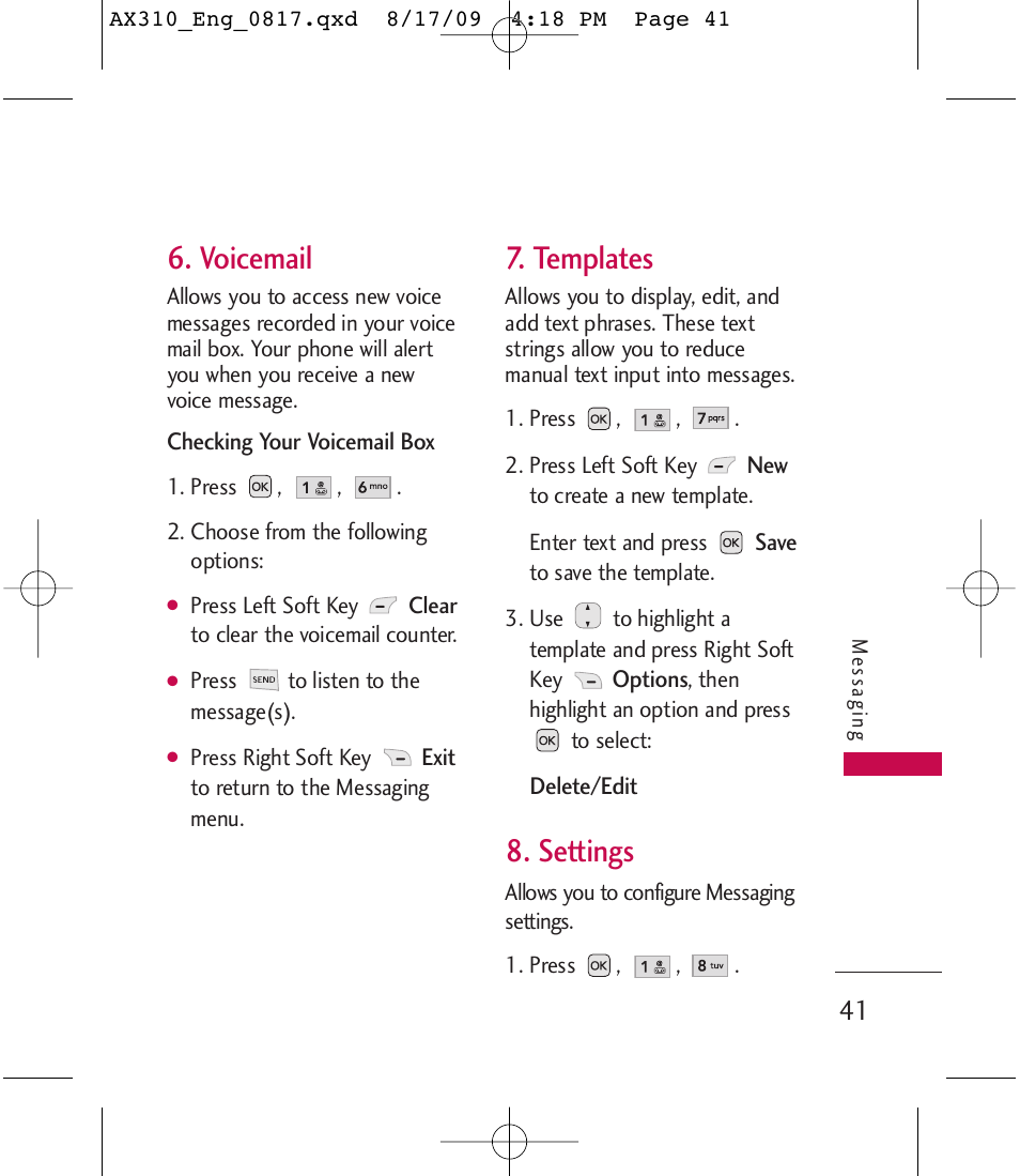 Voicemail, Templates, Settings | LG LGAX310 User Manual | Page 41 / 117