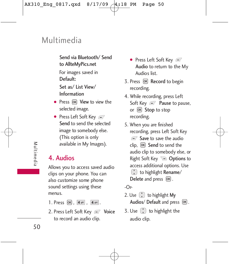 Multimedia, Audios | LG LGAX310 User Manual | Page 50 / 117