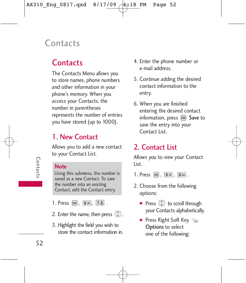 Contacts, New contact, Contact list | LG LGAX310 User Manual | Page 52 / 117