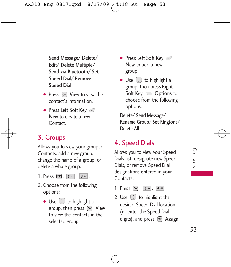 Groups, Speed dials | LG LGAX310 User Manual | Page 53 / 117