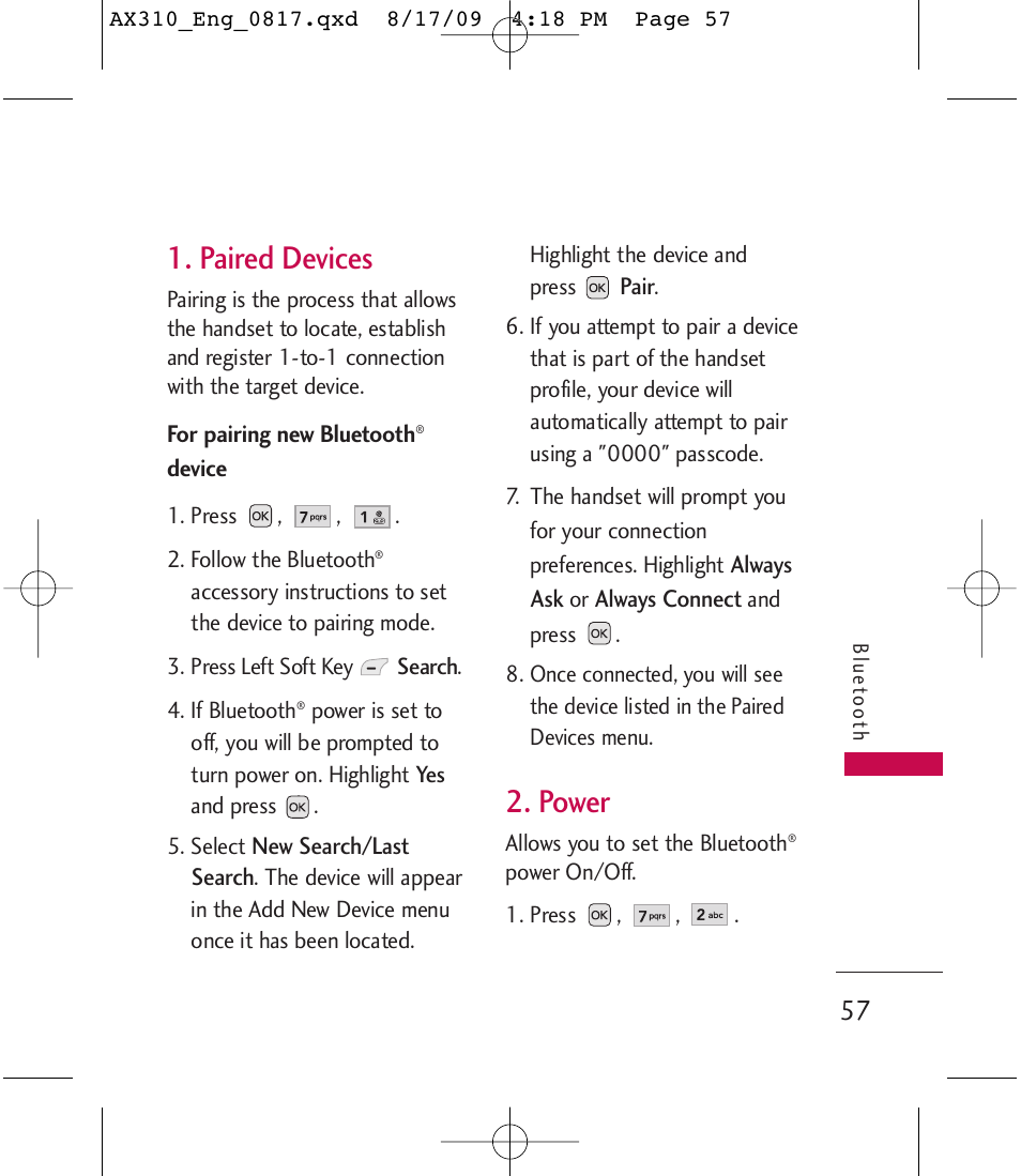 Paired devices, Power | LG LGAX310 User Manual | Page 57 / 117