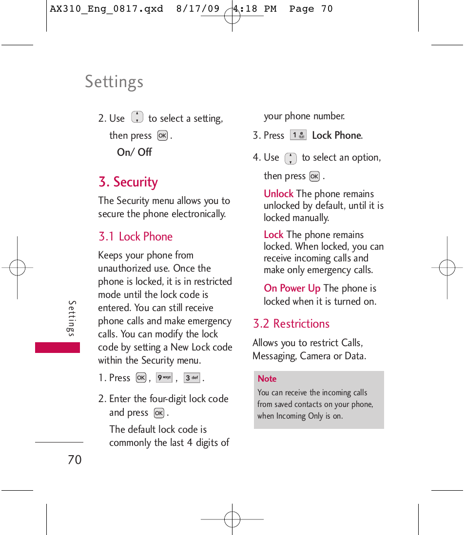 Settings, Security | LG LGAX310 User Manual | Page 70 / 117
