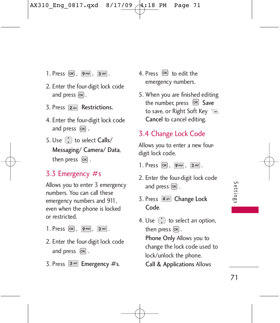 3 emergency #s, 4 change lock code | LG LGAX310 User Manual | Page 71 / 117