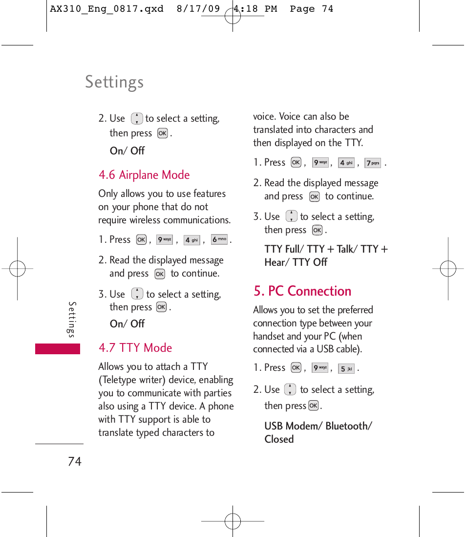 Settings, Pc connection | LG LGAX310 User Manual | Page 74 / 117