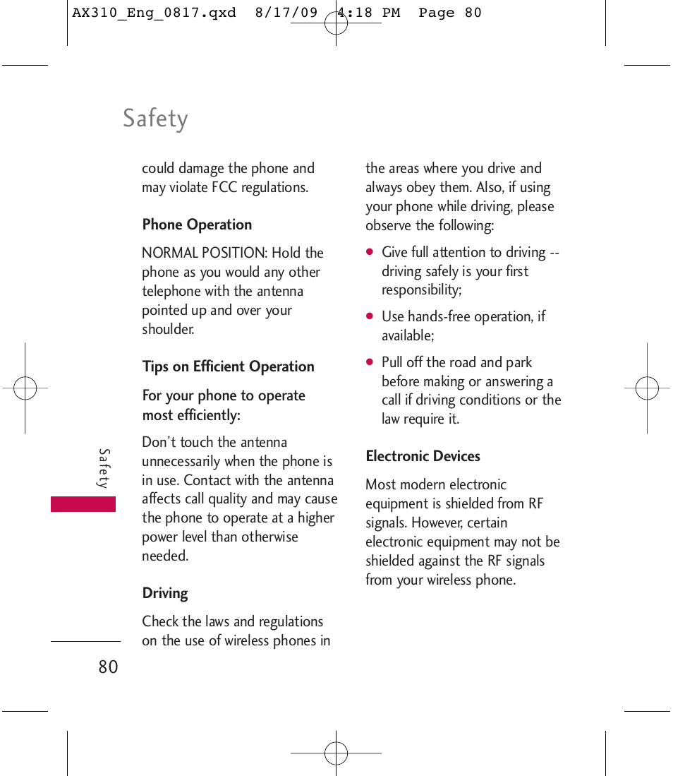 Safety | LG LGAX310 User Manual | Page 80 / 117