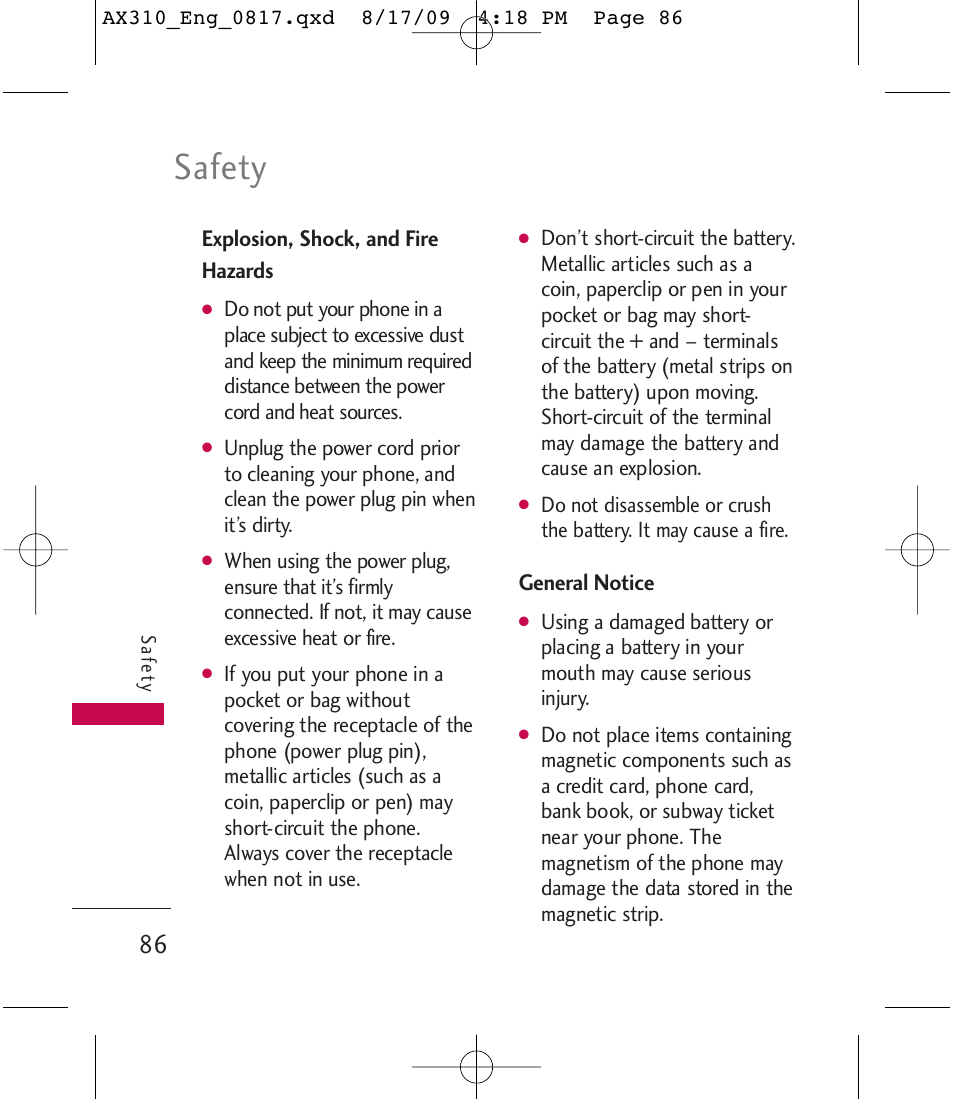 Safety | LG LGAX310 User Manual | Page 86 / 117