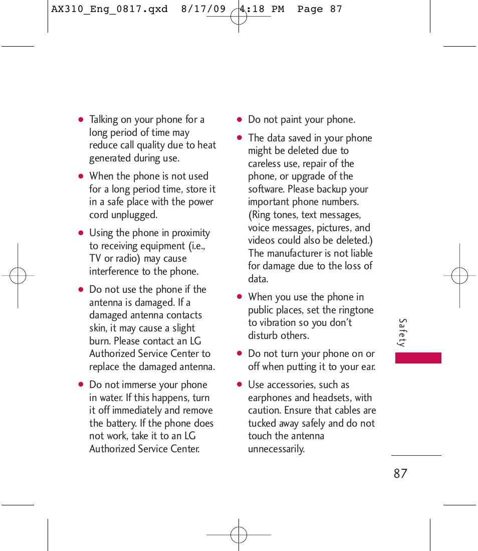 Do not paint your phone | LG LGAX310 User Manual | Page 87 / 117