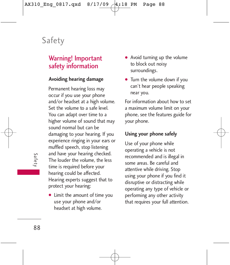 Safety, Warning! important safety information | LG LGAX310 User Manual | Page 88 / 117