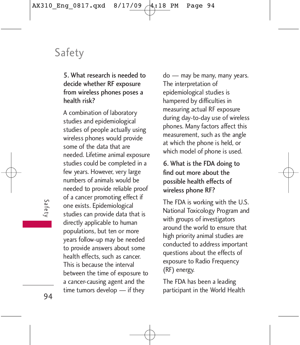 Safety | LG LGAX310 User Manual | Page 94 / 117