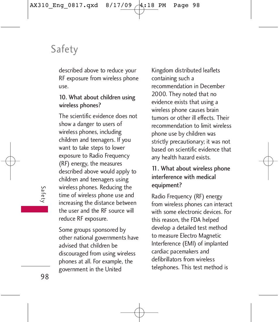 Safety | LG LGAX310 User Manual | Page 98 / 117