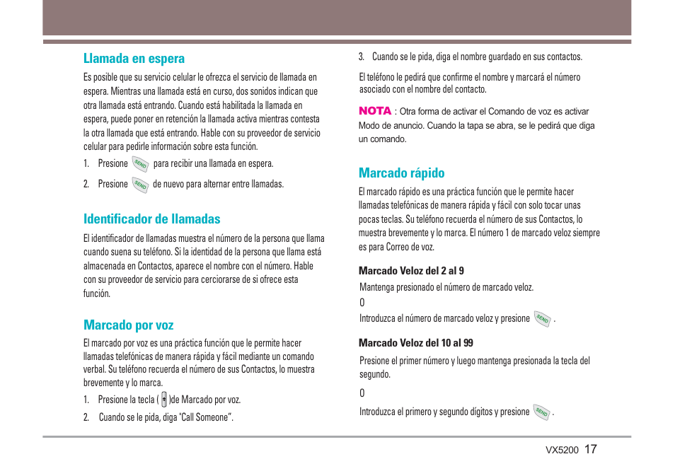 Llamada en espera, Identificador de llamadas, Marcado por voz | Marcado rápido | LG VX5200 User Manual | Page 102 / 169