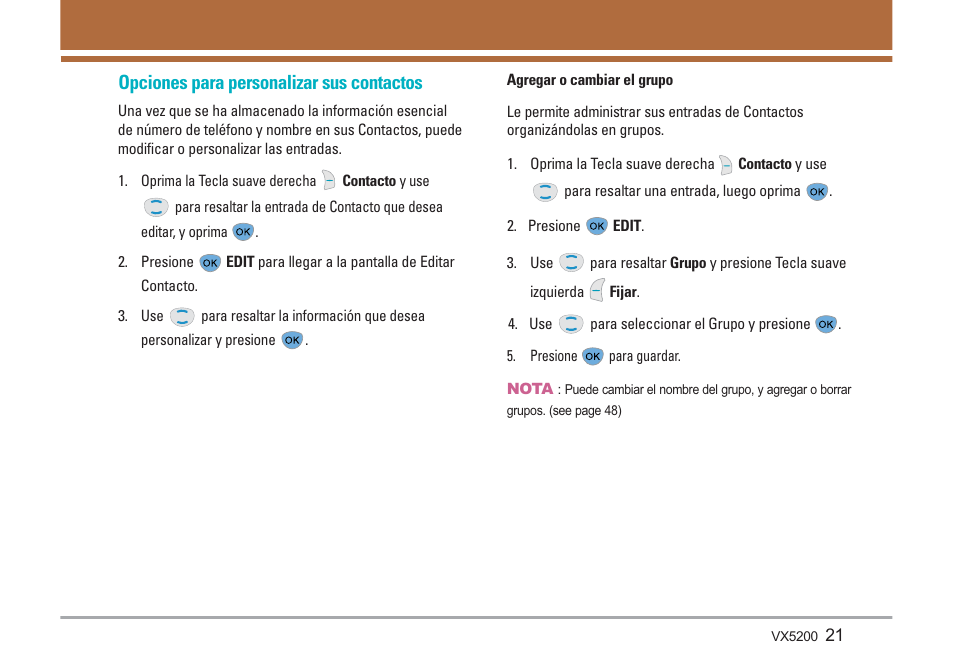 Opciones para personalizar sus contactos | LG VX5200 User Manual | Page 106 / 169