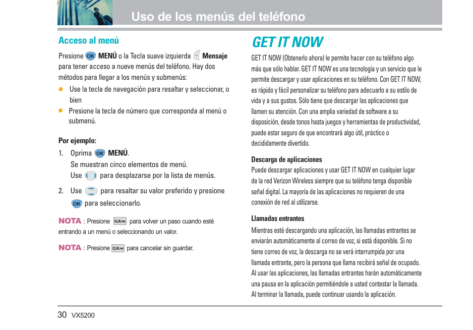 Get it now, Uso de los menús del teléfono, Acceso al menú | LG VX5200 User Manual | Page 115 / 169