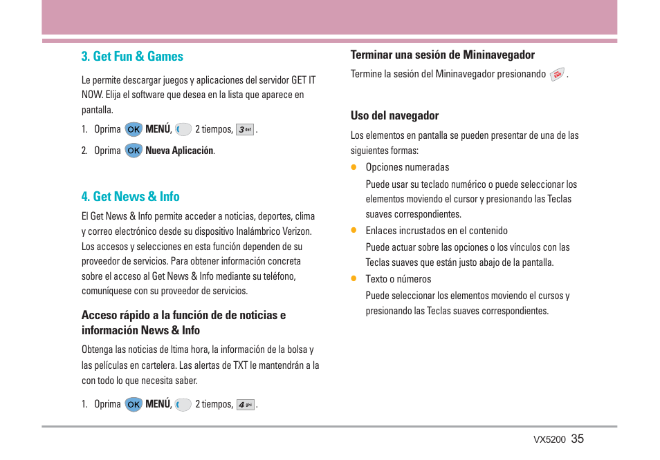 Get fun & games, Get news & info | LG VX5200 User Manual | Page 120 / 169
