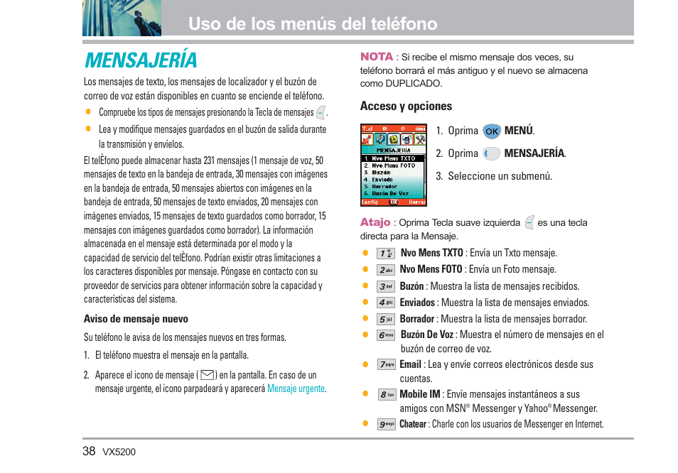 Mensajería, Uso de los menús del teléfono | LG VX5200 User Manual | Page 123 / 169