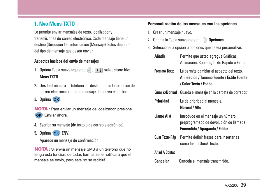 Nvo mens txto | LG VX5200 User Manual | Page 124 / 169