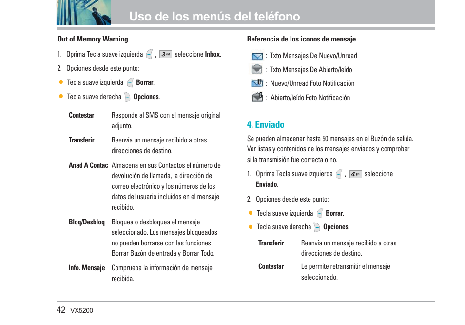 Uso de los menús del teléfono, Enviado | LG VX5200 User Manual | Page 127 / 169