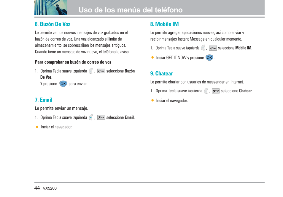 Uso de los menús del teléfono, Buzón de voz, Email | Mobile im, Chatear | LG VX5200 User Manual | Page 129 / 169