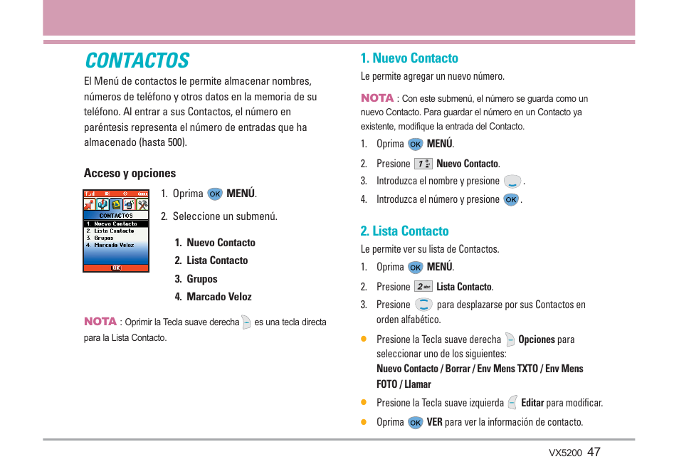 Contactos, Nuevo contacto, Lista contacto | LG VX5200 User Manual | Page 132 / 169