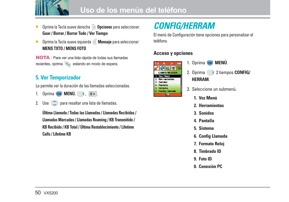 Config/herram, Uso de los menús del teléfono, Ver temporizador | LG VX5200 User Manual | Page 135 / 169
