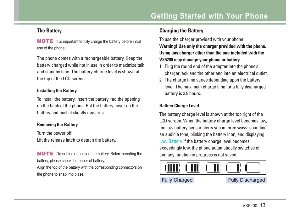 Getting started with your phone | LG VX5200 User Manual | Page 14 / 169