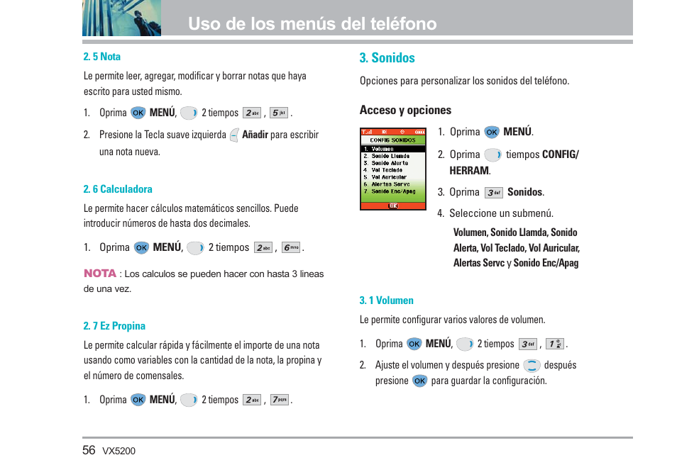 Uso de los menús del teléfono, Sonidos | LG VX5200 User Manual | Page 141 / 169