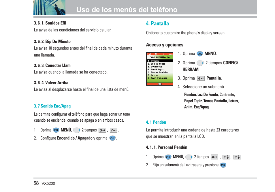 Uso de los menús del teléfono, Pantalla | LG VX5200 User Manual | Page 143 / 169