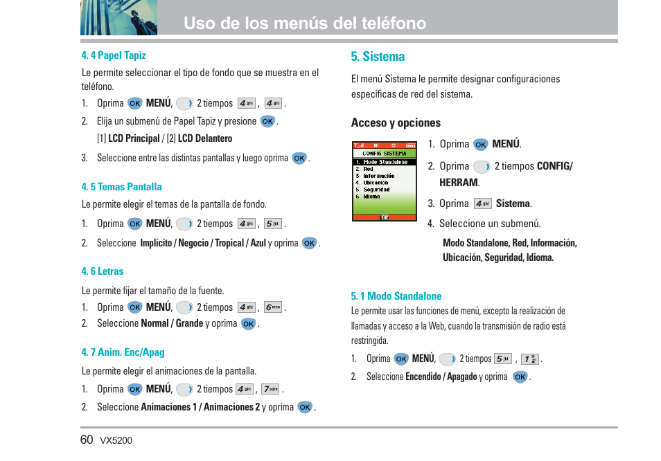Uso de los menús del teléfono, Sistema | LG VX5200 User Manual | Page 145 / 169