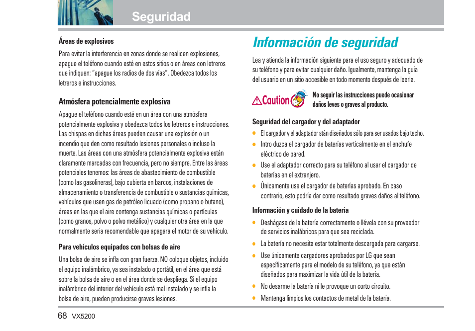 Información de seguridad, Seguridad, Caution | LG VX5200 User Manual | Page 153 / 169