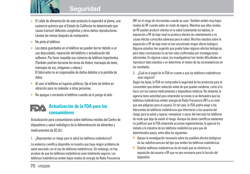 Seguridad, Actualización de la fda para los consumidores | LG VX5200 User Manual | Page 155 / 169
