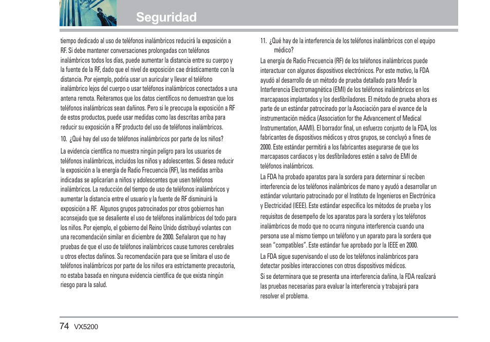 Seguridad | LG VX5200 User Manual | Page 159 / 169