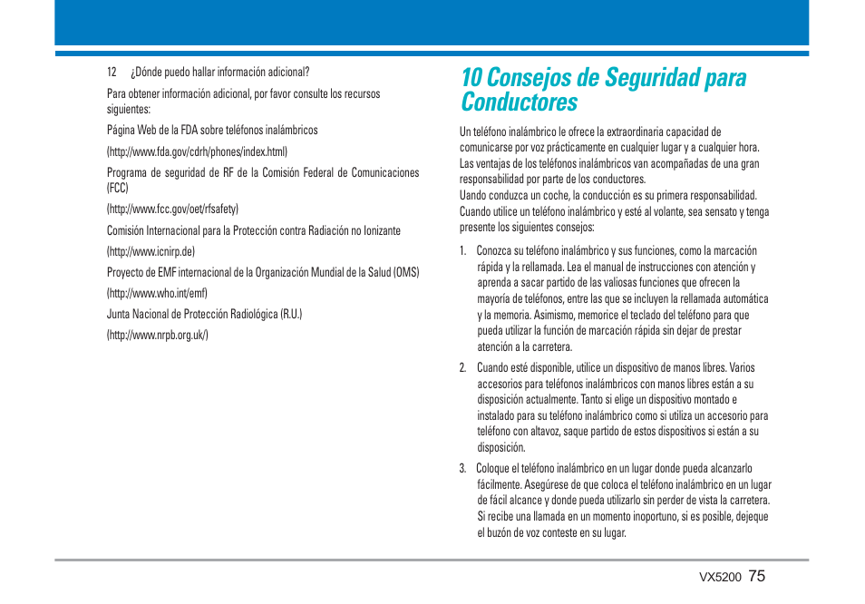 10 consejos de seguridad para conductores | LG VX5200 User Manual | Page 160 / 169