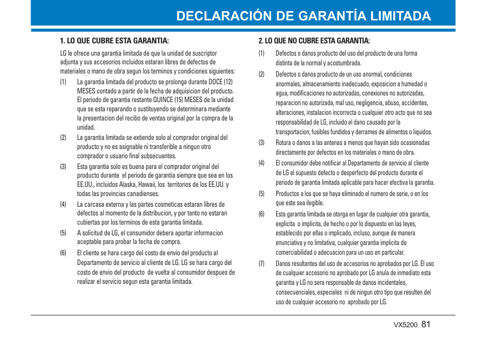 Declaración de garantía limitada | LG VX5200 User Manual | Page 166 / 169