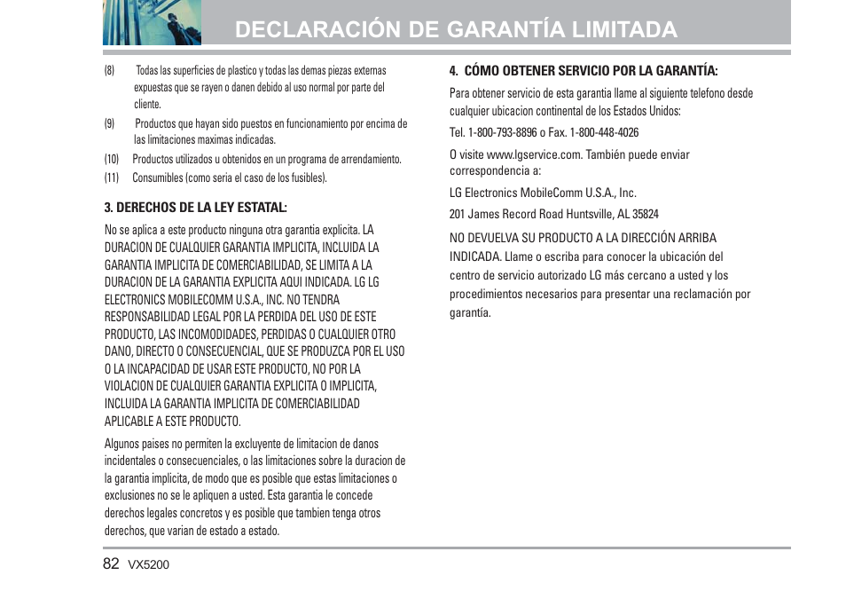 Declaración de garantía limitada | LG VX5200 User Manual | Page 167 / 169