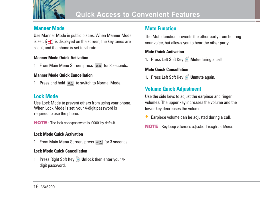 Quick access to convenient features, Manner mode, Lock mode | Mute function, Volume quick adjustment | LG VX5200 User Manual | Page 17 / 169