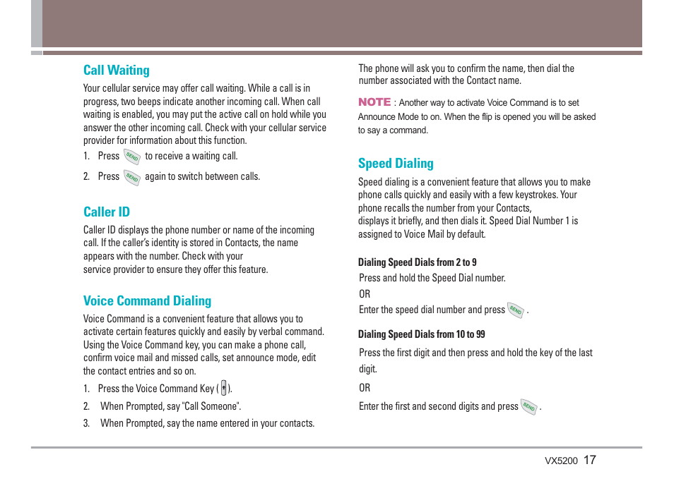 Call waiting, Caller id, Voice command dialing | Speed dialing | LG VX5200 User Manual | Page 18 / 169